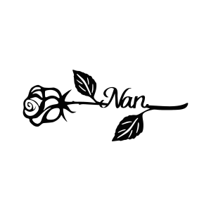 Steel wall art featuring a laser-cut rose design with the word 'Nan'. The piece is rectangular with leaves extending from the stem, showcasing intricate cutouts and smooth edges.